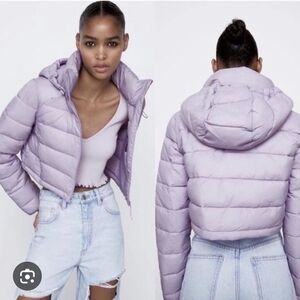 Zara Women's Light Purple Puffer Cropped Jacket - Medium